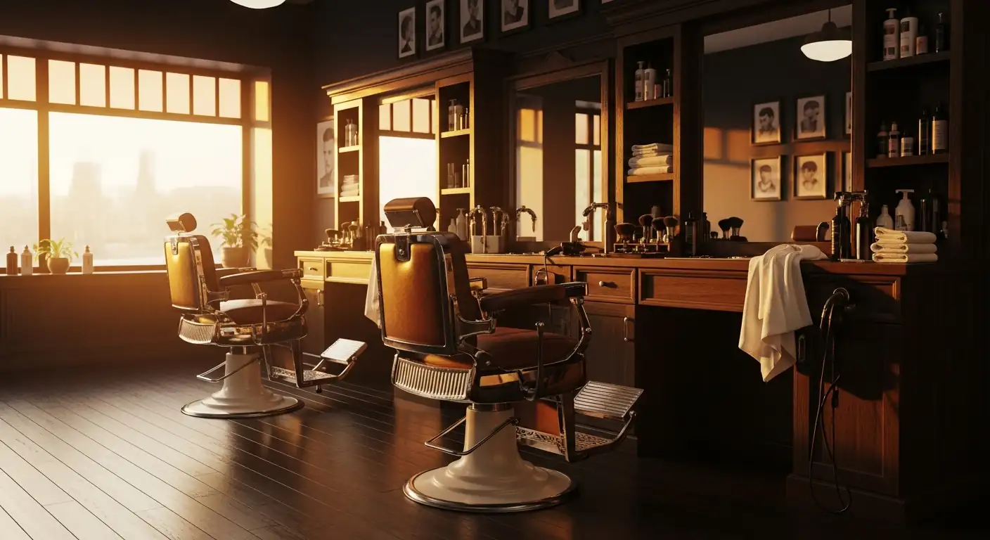 Interior of Gentlemens HQ Barbershop in Alpharetta GA showing chairs and decor